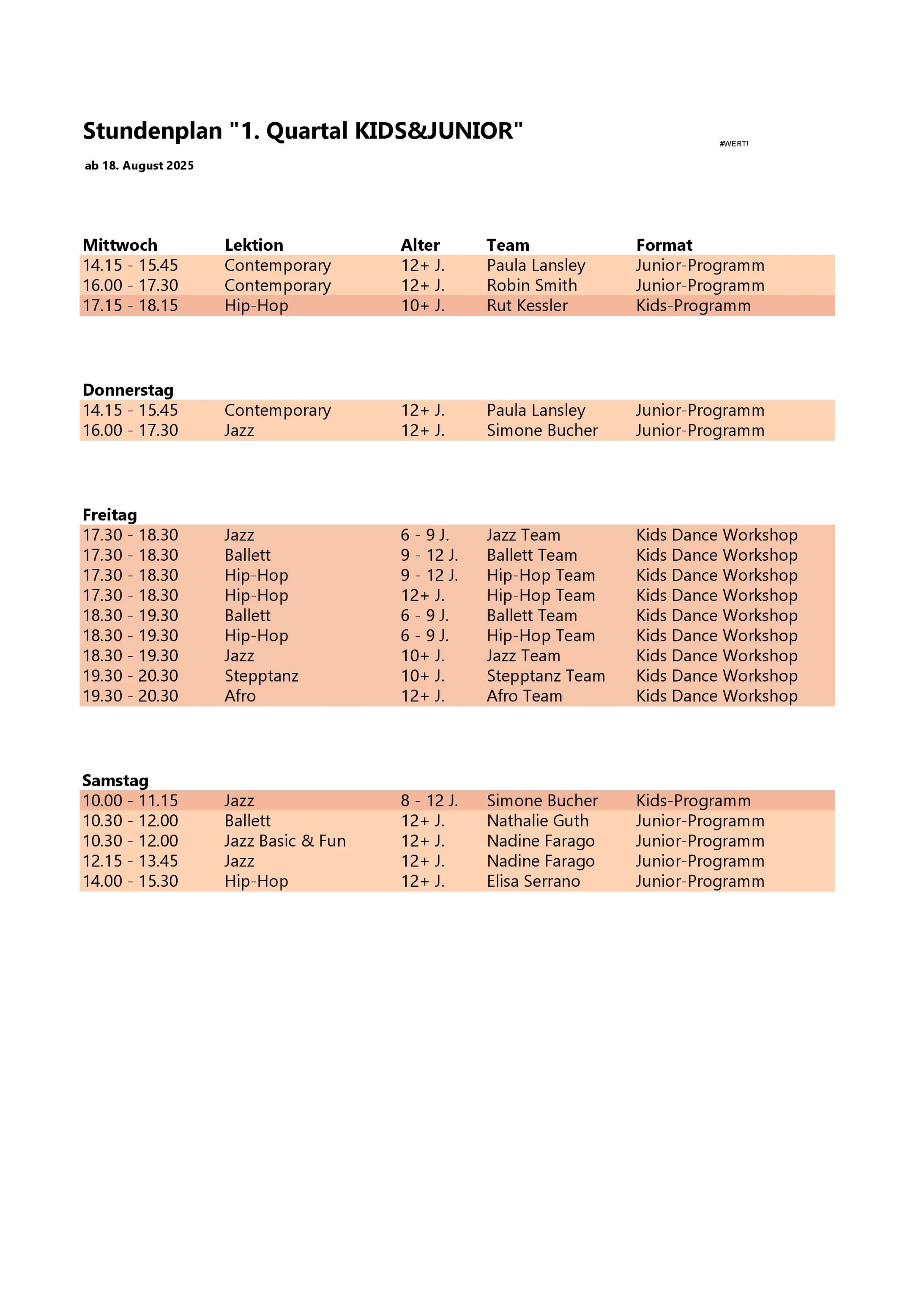 Masterstundenplan Kids- und Junior-Programm