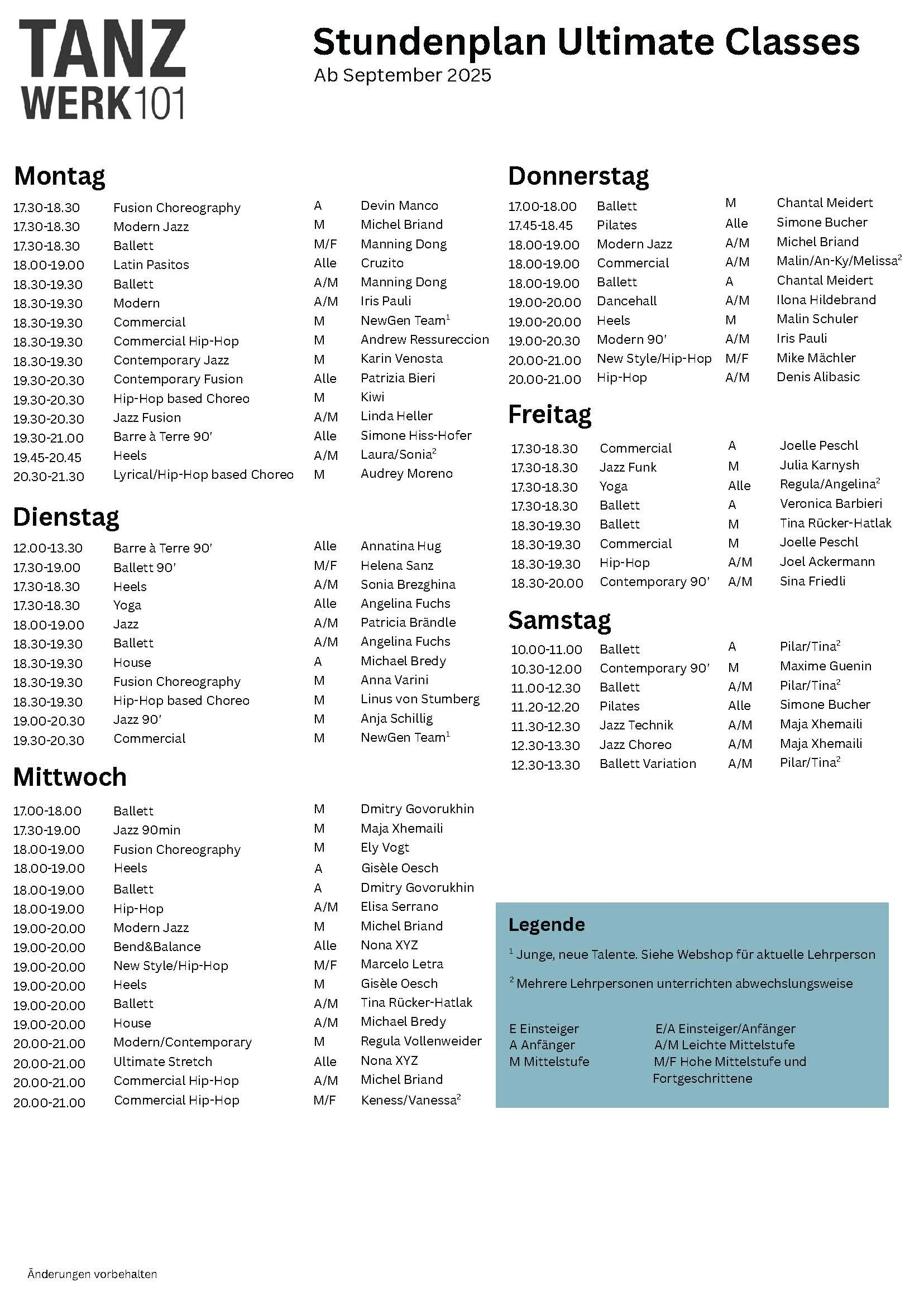 Ultimate Classes Stundenplan ab September 25