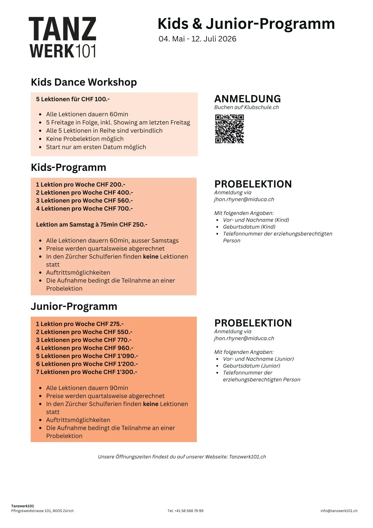 Preisliste Kids & Junior Program 4. Quartal 2026 