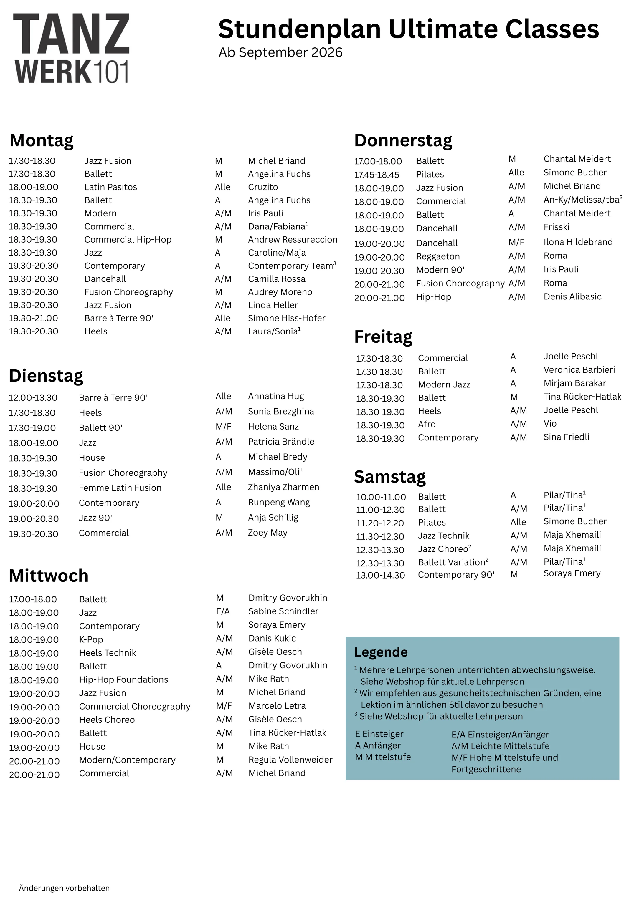 Stundenplan Ultimate Classes ab September 26
